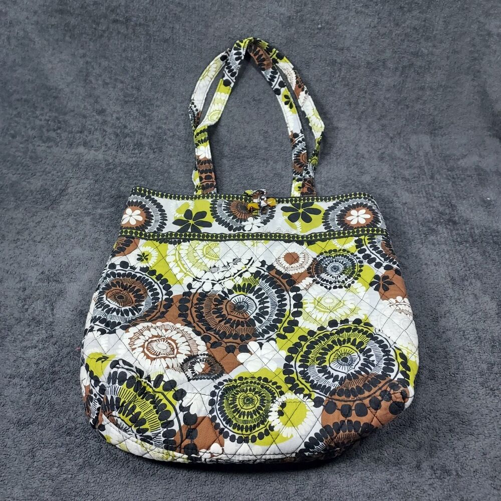 Vera Bradley Tote Bag Olive Green Brown Medallion Floral Zip Closure Bag